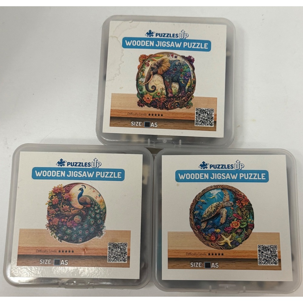 3 Wooden Jigsaw Puzzle Lot‎ A5 Peacock Turtle Elephant Sealed Puzzles Up